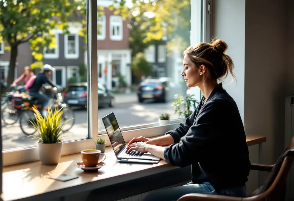 Een jonge vrouw zit aan een bureau bij het raam en werkt geconcentreerd op een laptop, met een kop koffie en een kleine kamerplant, terwijl ze uitkijkt op een rustige Vlaamse straat met bakstenen huizen en fietsers die voorbijrijden op een zonnige dag.