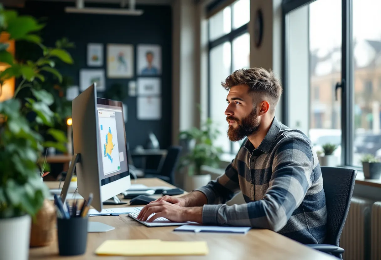 Een jonge starter zit aan een bureau in een helder kantoor in Vlaanderen, kijkt naar een computerscherm met een kaart van Vlaanderen en sollicitatieformulier, terwijl ochtendlicht naar binnen valt.